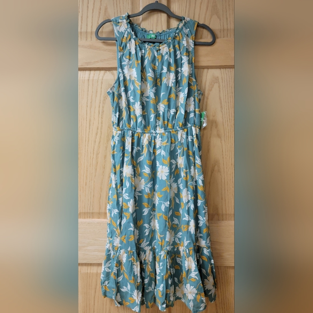 NWT Dip Cottagecore Pleated Ruffle Midi Dress Yellow Blue Ditsy Floral Sz Large